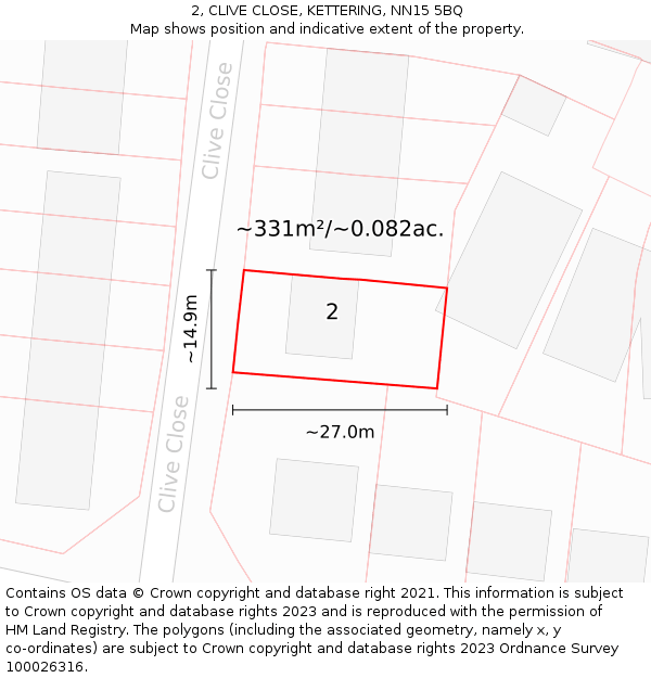 2, CLIVE CLOSE, KETTERING, NN15 5BQ: Plot and title map