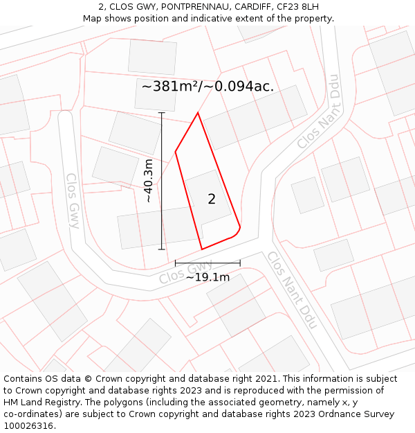 2, CLOS GWY, PONTPRENNAU, CARDIFF, CF23 8LH: Plot and title map