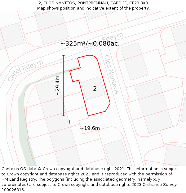 2, CLOS NANTEOS, PONTPRENNAU, CARDIFF, CF23 8XR: Plot and title map