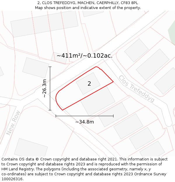 2, CLOS TREFEDDYG, MACHEN, CAERPHILLY, CF83 8PL: Plot and title map