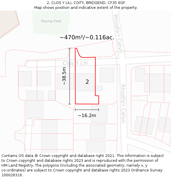 2, CLOS Y LILI, COITY, BRIDGEND, CF35 6GF: Plot and title map