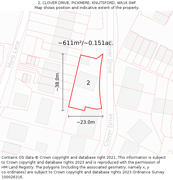 2, CLOVER DRIVE, PICKMERE, KNUTSFORD, WA16 0WF: Plot and title map