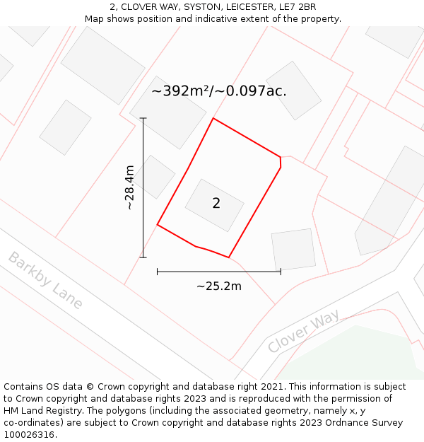 2, CLOVER WAY, SYSTON, LEICESTER, LE7 2BR: Plot and title map