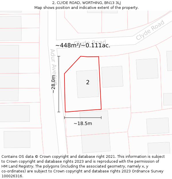 2, CLYDE ROAD, WORTHING, BN13 3LJ: Plot and title map