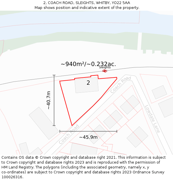 2, COACH ROAD, SLEIGHTS, WHITBY, YO22 5AA: Plot and title map