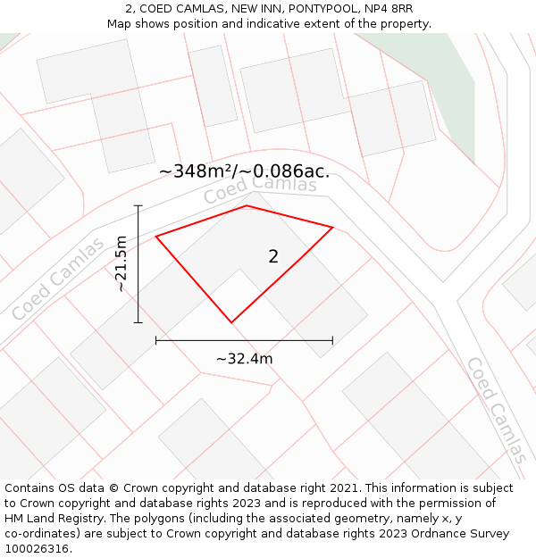 2, COED CAMLAS, NEW INN, PONTYPOOL, NP4 8RR: Plot and title map