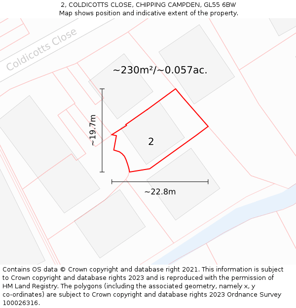 2, COLDICOTTS CLOSE, CHIPPING CAMPDEN, GL55 6BW: Plot and title map