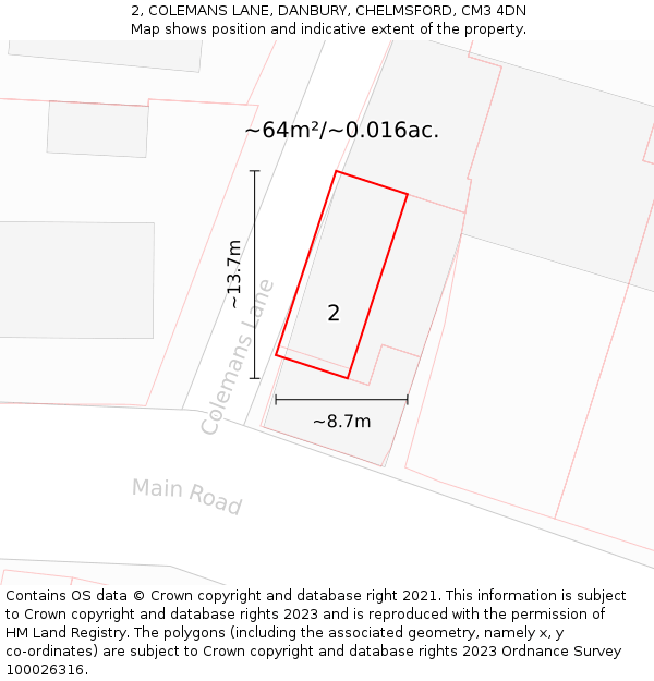 2, COLEMANS LANE, DANBURY, CHELMSFORD, CM3 4DN: Plot and title map