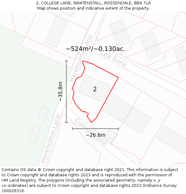 2, COLLEGE LANE, RAWTENSTALL, ROSSENDALE, BB4 7LA: Plot and title map