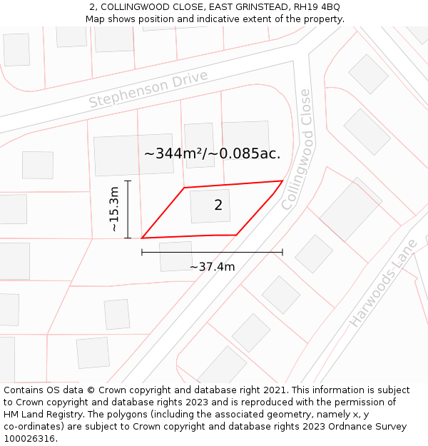 2, COLLINGWOOD CLOSE, EAST GRINSTEAD, RH19 4BQ: Plot and title map