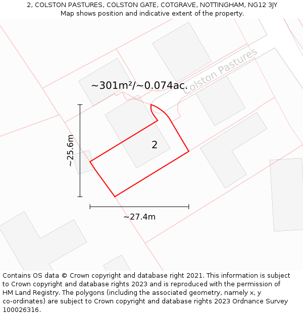 2, COLSTON PASTURES, COLSTON GATE, COTGRAVE, NOTTINGHAM, NG12 3JY: Plot and title map