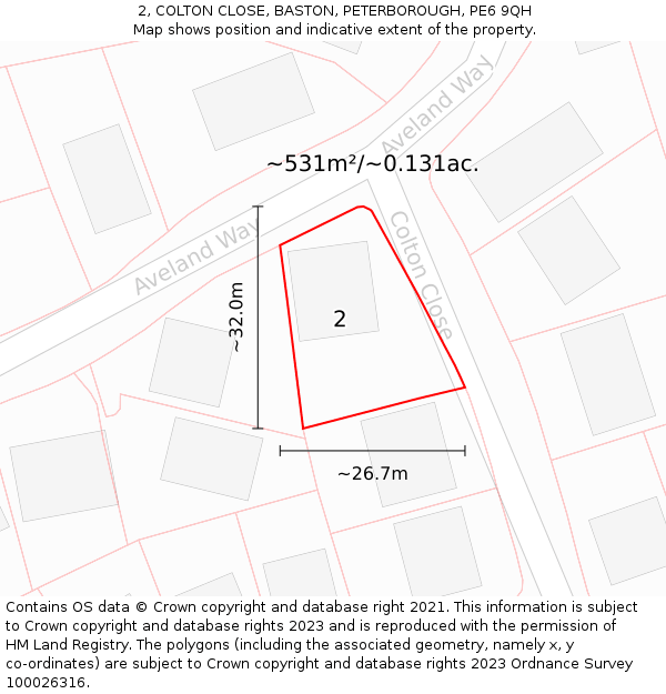 2, COLTON CLOSE, BASTON, PETERBOROUGH, PE6 9QH: Plot and title map