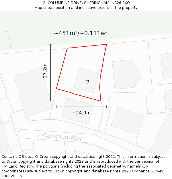 2, COLUMBINE DRIVE, SHERINGHAM, NR26 8XQ: Plot and title map
