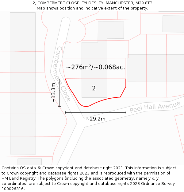 2, COMBERMERE CLOSE, TYLDESLEY, MANCHESTER, M29 8TB: Plot and title map