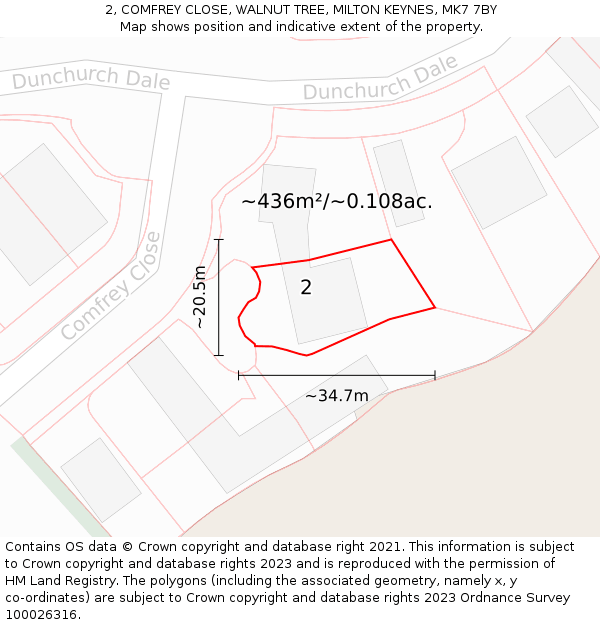 2, COMFREY CLOSE, WALNUT TREE, MILTON KEYNES, MK7 7BY: Plot and title map