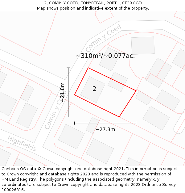 2, COMIN Y COED, TONYREFAIL, PORTH, CF39 8GD: Plot and title map