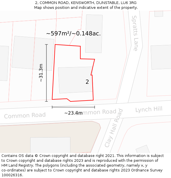 2, COMMON ROAD, KENSWORTH, DUNSTABLE, LU6 3RG: Plot and title map