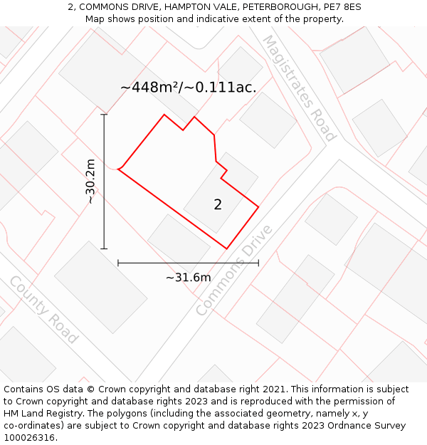 2, COMMONS DRIVE, HAMPTON VALE, PETERBOROUGH, PE7 8ES: Plot and title map