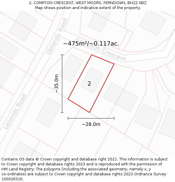 2, COMPTON CRESCENT, WEST MOORS, FERNDOWN, BH22 0BZ: Plot and title map