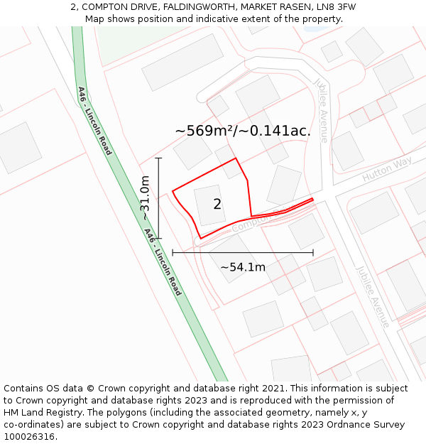 2, COMPTON DRIVE, FALDINGWORTH, MARKET RASEN, LN8 3FW: Plot and title map