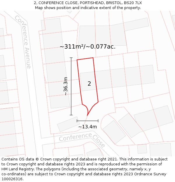 2, CONFERENCE CLOSE, PORTISHEAD, BRISTOL, BS20 7LX: Plot and title map