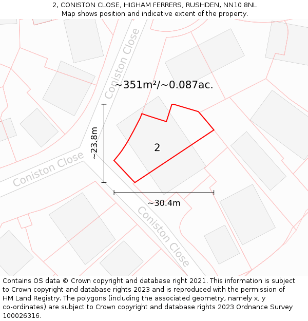 2, CONISTON CLOSE, HIGHAM FERRERS, RUSHDEN, NN10 8NL: Plot and title map
