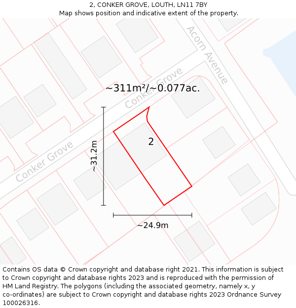 2, CONKER GROVE, LOUTH, LN11 7BY: Plot and title map