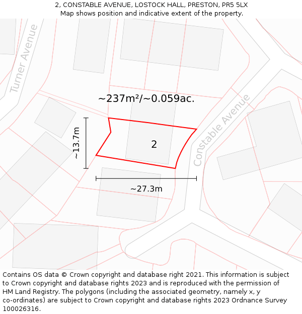 2, CONSTABLE AVENUE, LOSTOCK HALL, PRESTON, PR5 5LX: Plot and title map