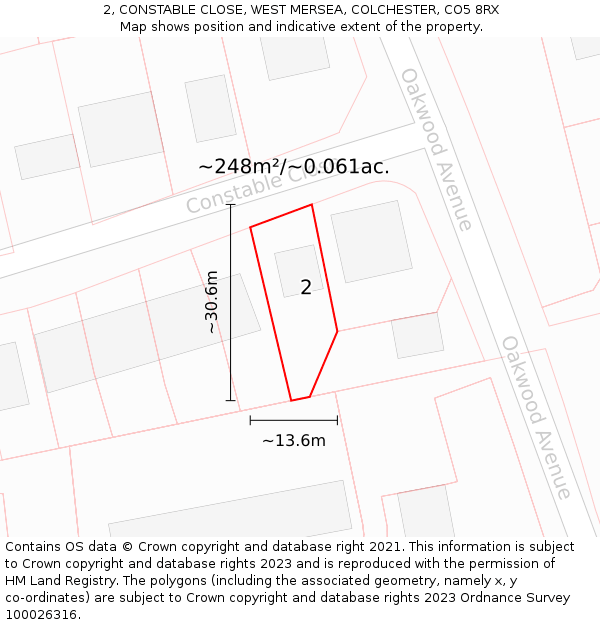 2, CONSTABLE CLOSE, WEST MERSEA, COLCHESTER, CO5 8RX: Plot and title map