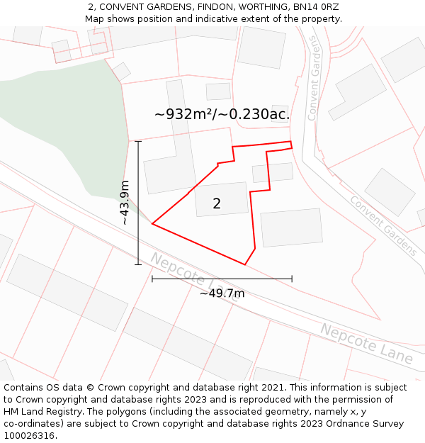 2, CONVENT GARDENS, FINDON, WORTHING, BN14 0RZ: Plot and title map