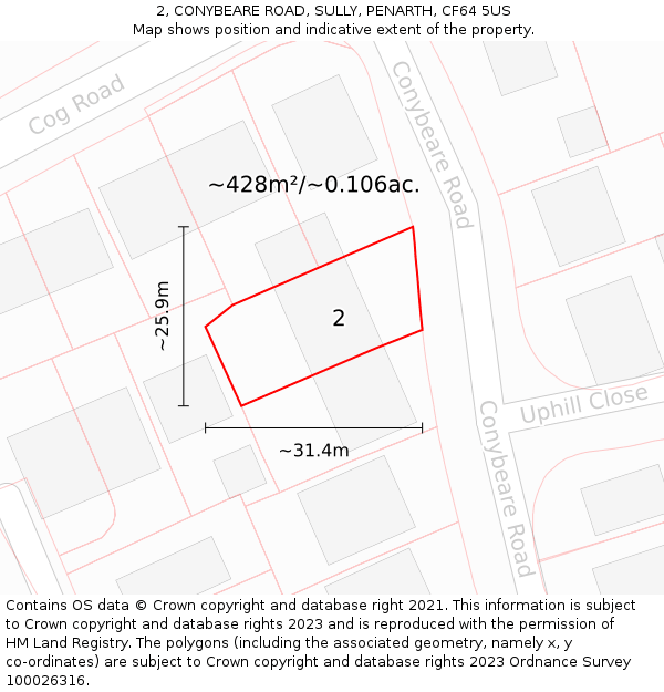 2, CONYBEARE ROAD, SULLY, PENARTH, CF64 5US: Plot and title map