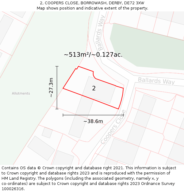 2, COOPERS CLOSE, BORROWASH, DERBY, DE72 3XW: Plot and title map