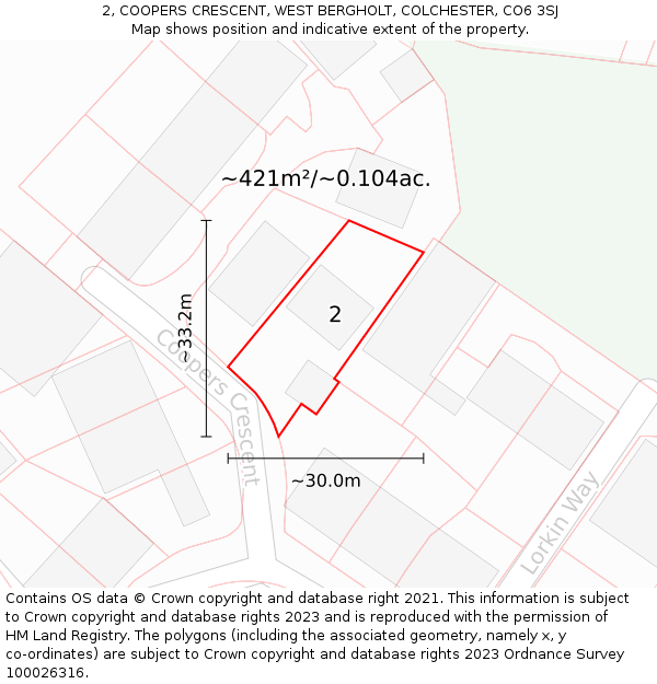 2, COOPERS CRESCENT, WEST BERGHOLT, COLCHESTER, CO6 3SJ: Plot and title map