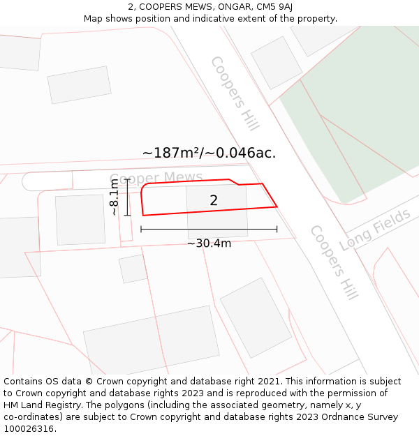 2, COOPERS MEWS, ONGAR, CM5 9AJ: Plot and title map