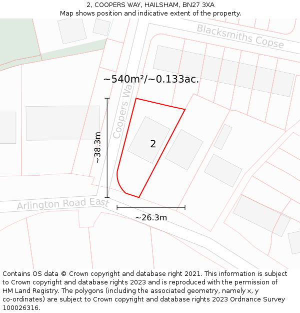 2, COOPERS WAY, HAILSHAM, BN27 3XA: Plot and title map