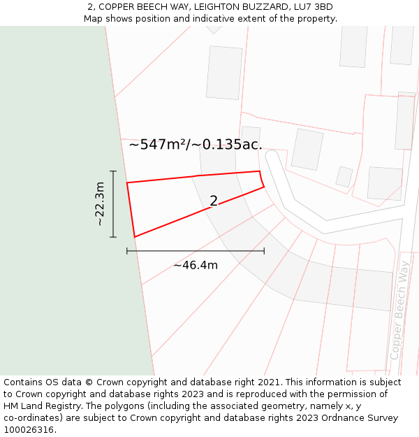 2, COPPER BEECH WAY, LEIGHTON BUZZARD, LU7 3BD: Plot and title map