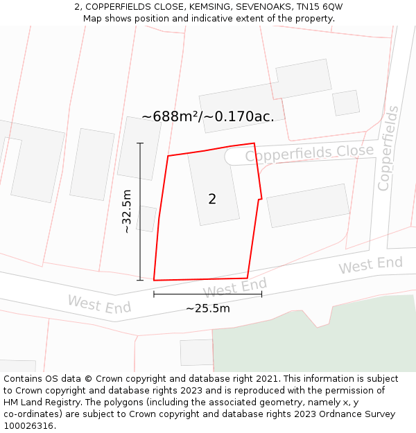 2, COPPERFIELDS CLOSE, KEMSING, SEVENOAKS, TN15 6QW: Plot and title map