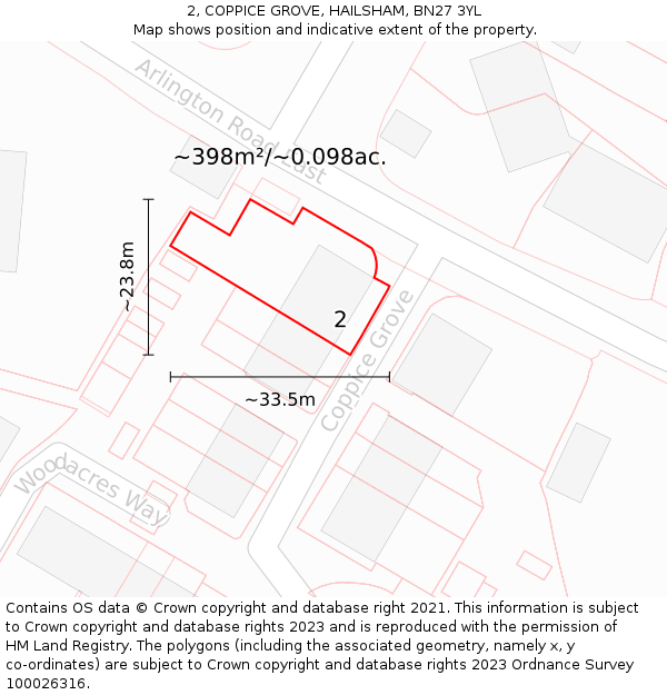 2, COPPICE GROVE, HAILSHAM, BN27 3YL: Plot and title map