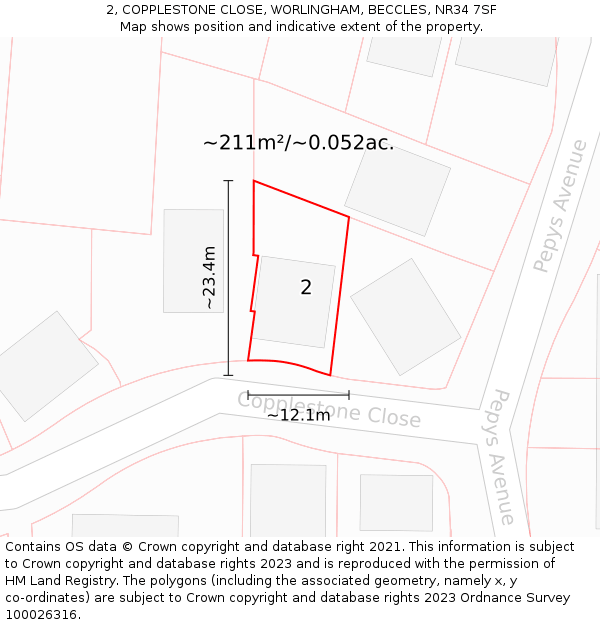 2, COPPLESTONE CLOSE, WORLINGHAM, BECCLES, NR34 7SF: Plot and title map