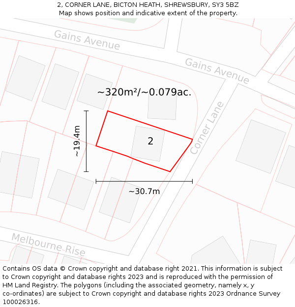 2, CORNER LANE, BICTON HEATH, SHREWSBURY, SY3 5BZ: Plot and title map