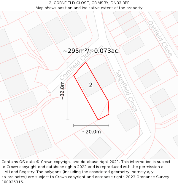2, CORNFIELD CLOSE, GRIMSBY, DN33 3PE: Plot and title map