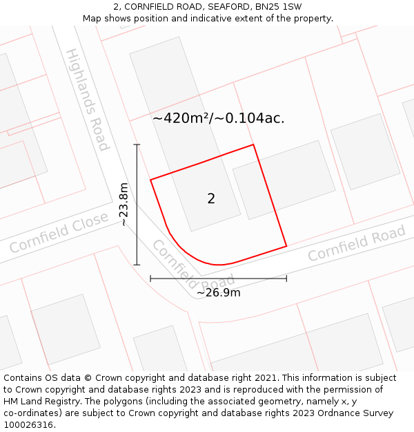 2, CORNFIELD ROAD, SEAFORD, BN25 1SW: Plot and title map