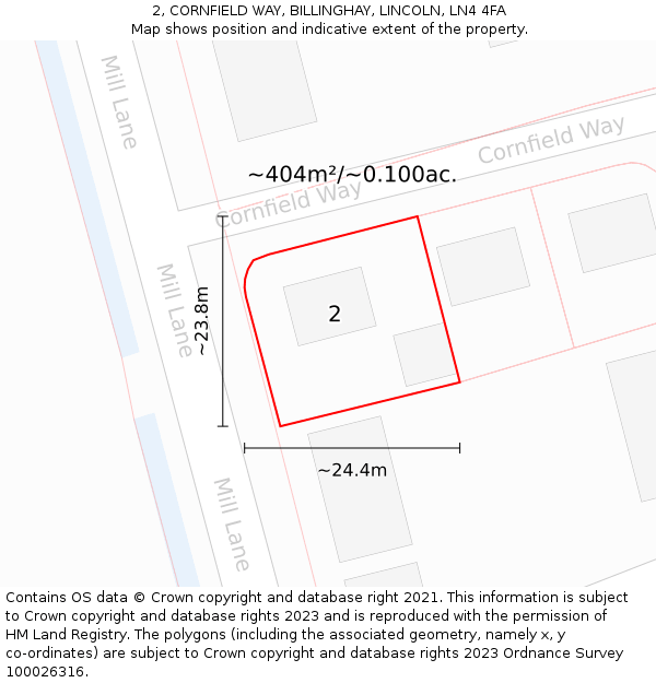 2, CORNFIELD WAY, BILLINGHAY, LINCOLN, LN4 4FA: Plot and title map