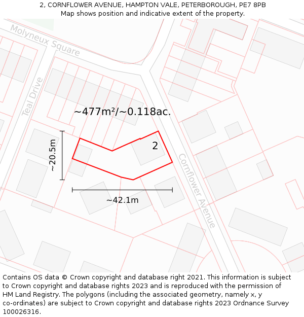 2, CORNFLOWER AVENUE, HAMPTON VALE, PETERBOROUGH, PE7 8PB: Plot and title map
