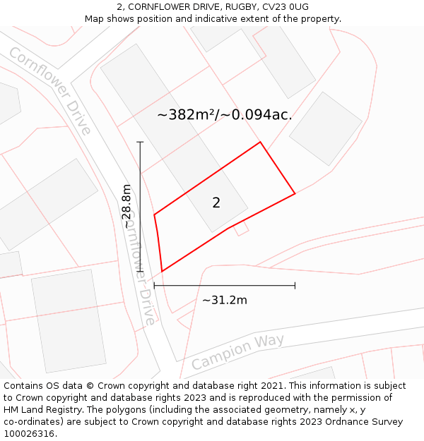 2, CORNFLOWER DRIVE, RUGBY, CV23 0UG: Plot and title map