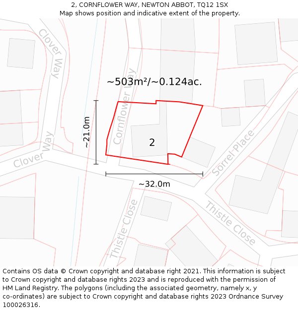 2, CORNFLOWER WAY, NEWTON ABBOT, TQ12 1SX: Plot and title map