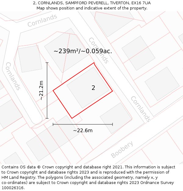 2, CORNLANDS, SAMPFORD PEVERELL, TIVERTON, EX16 7UA: Plot and title map