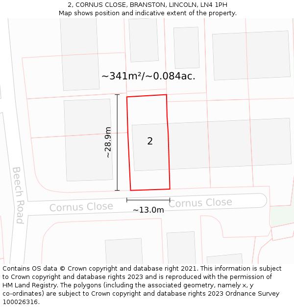 2, CORNUS CLOSE, BRANSTON, LINCOLN, LN4 1PH: Plot and title map
