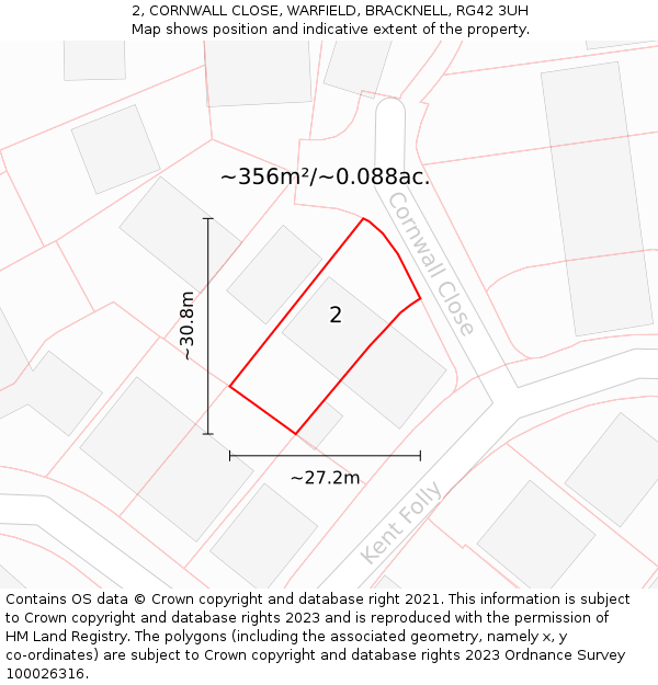 2, CORNWALL CLOSE, WARFIELD, BRACKNELL, RG42 3UH: Plot and title map