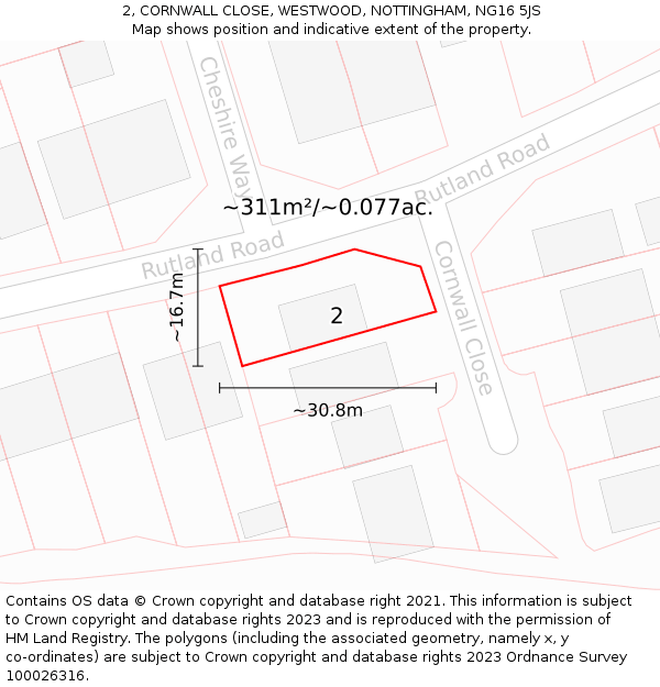 2, CORNWALL CLOSE, WESTWOOD, NOTTINGHAM, NG16 5JS: Plot and title map